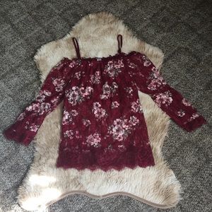 Lacy floral print off the shoulder top.